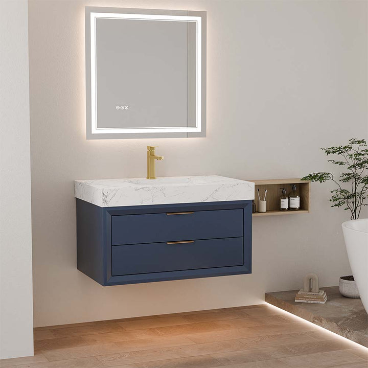 Modern blue wall mounted bathroom vanity with marble top and mirror