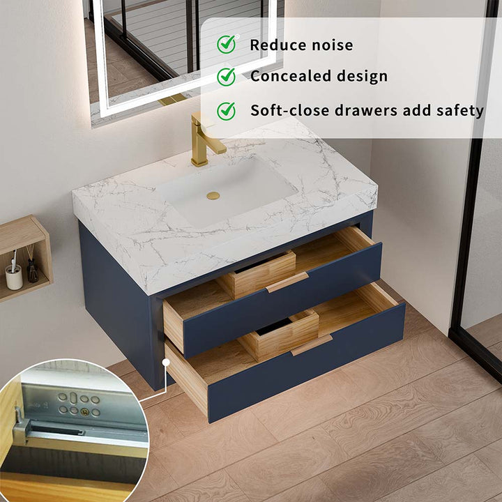 Blue wall mounted bathroom vanity with soft close drawers