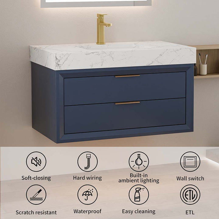 Blue wall mounted bathroom vanity with soft close drawers and ETL