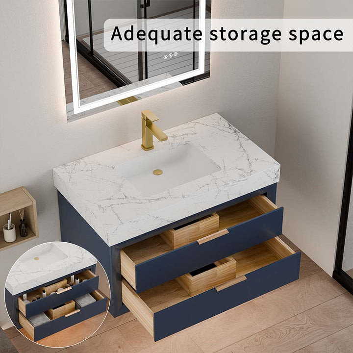 Blue wall mounted bathroom vanity with storage drawers and space