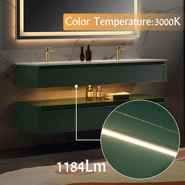 Wall mounted bathroom vanity double sink green with LED lighting