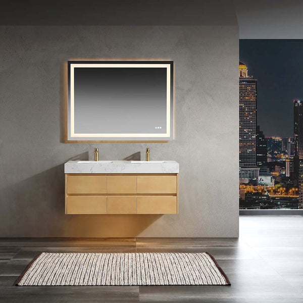 Wall-mounted bathroom vanity with double sink and marble countertop, LED mirror