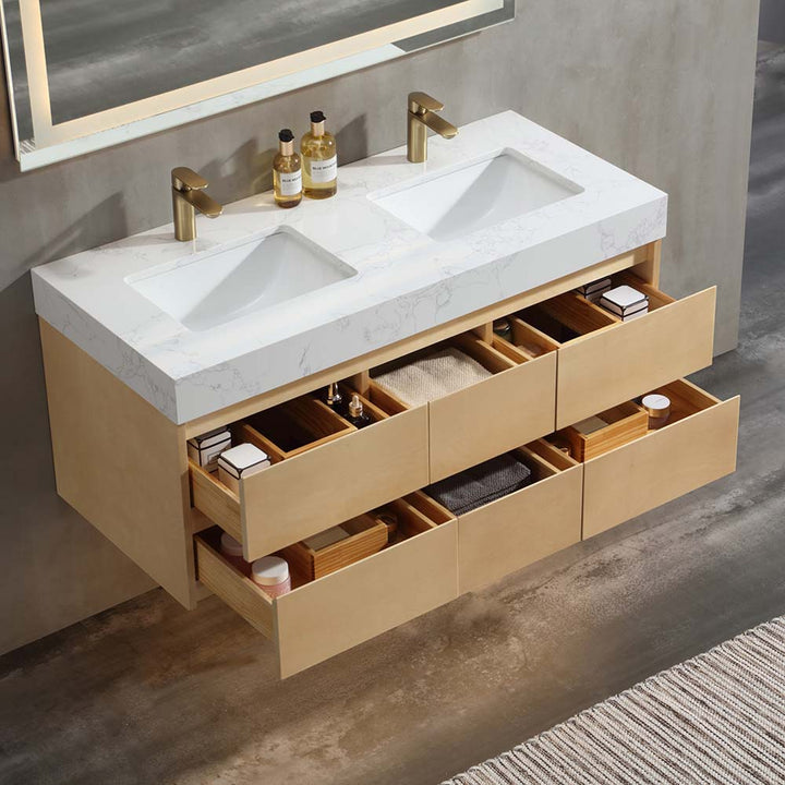 Wall-mounted bathroom vanity with double sink and storage drawers with marble countertop