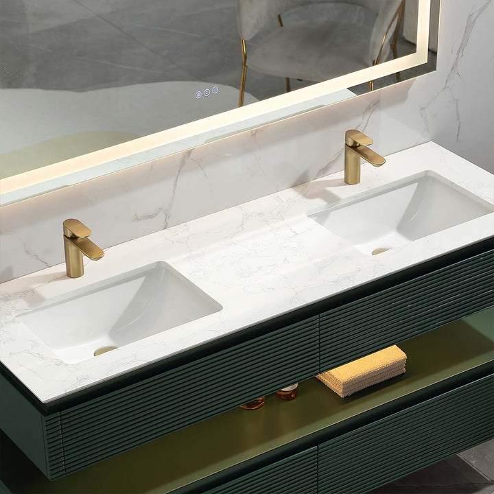 Wall mounted green double sink vanity with marble top and gold faucets