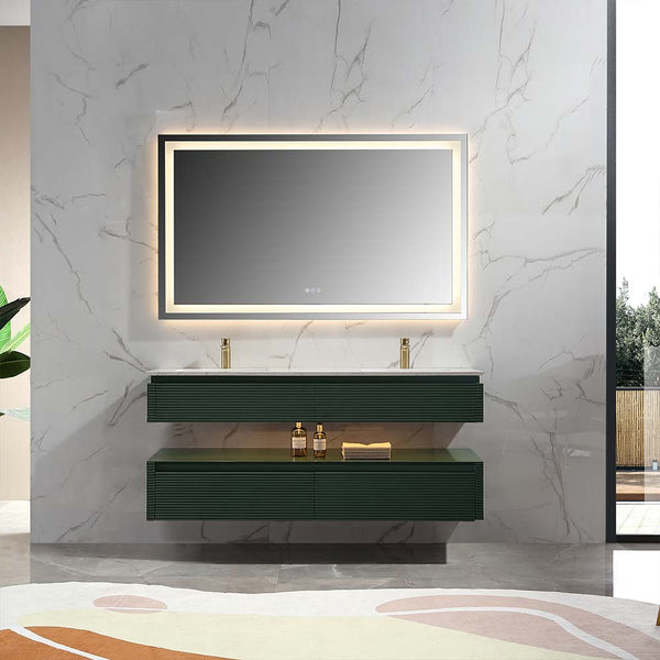 Wall mounted bathroom vanity green double sink with LED mirror
