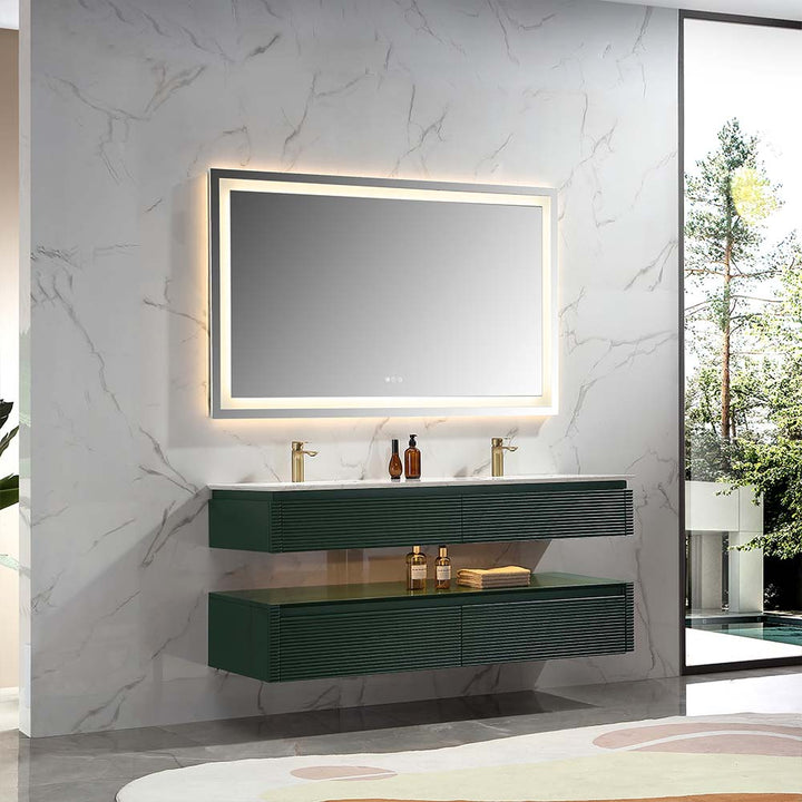 Wall mounted green double sink bathroom vanity with LED mirror