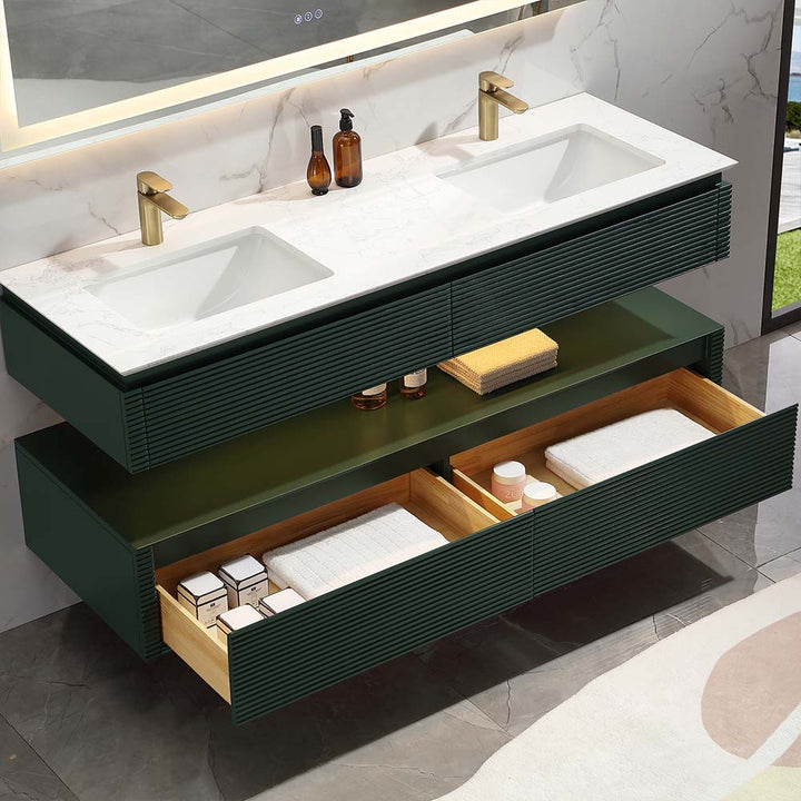 Wall mounted green double sink vanity with open storage drawers