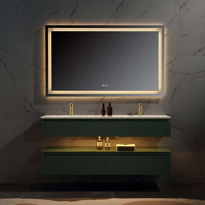 Wall mounted green bathroom vanity with LED mirror in night lighting