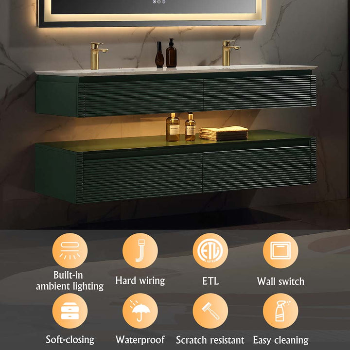 Wall mounted green bathroom vanity with LED lighting and ETL features