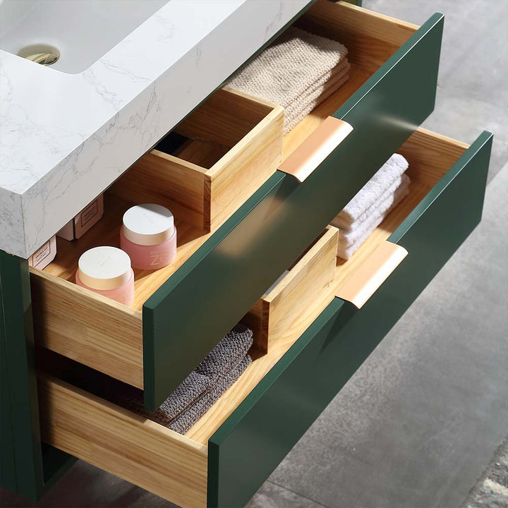 Wall mounted bathroom vanity Gucci Green with drawer storage detail