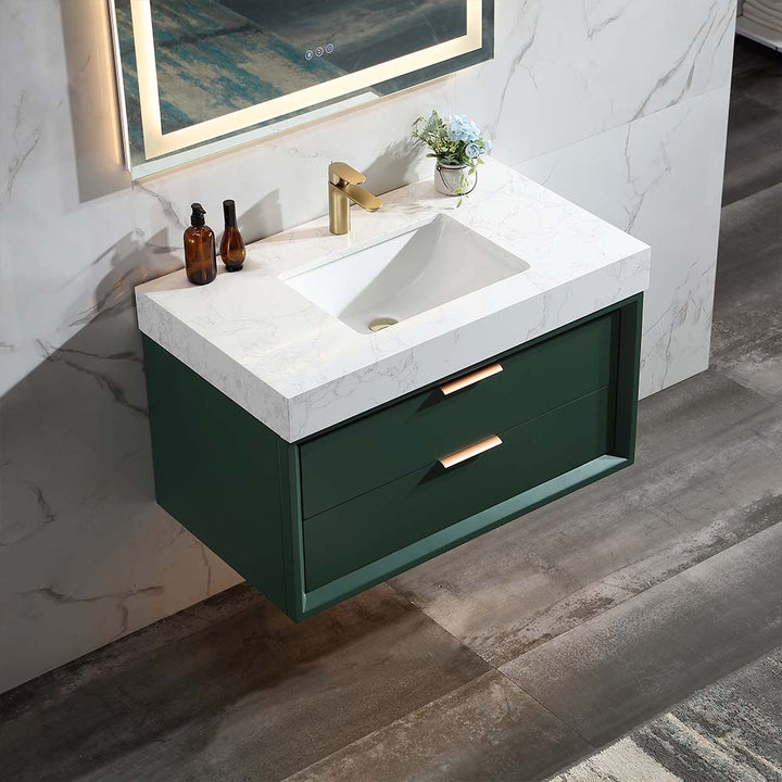 Wall mounted bathroom vanity Gucci Green with marble top closeup