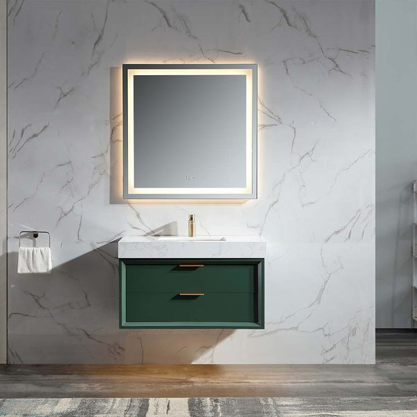 Wall mounted bathroom vanity Gucci Green with LED mirror front view