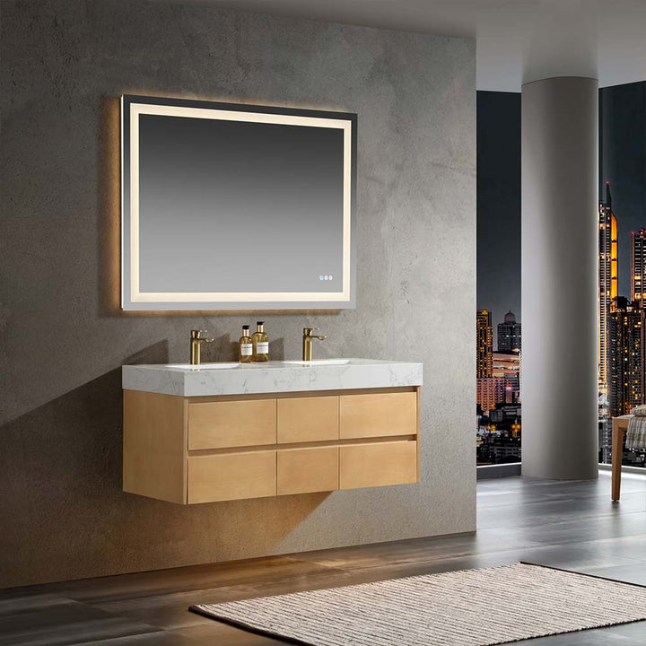 Wall-mounted bathroom vanity with marble countertop and LED mirror