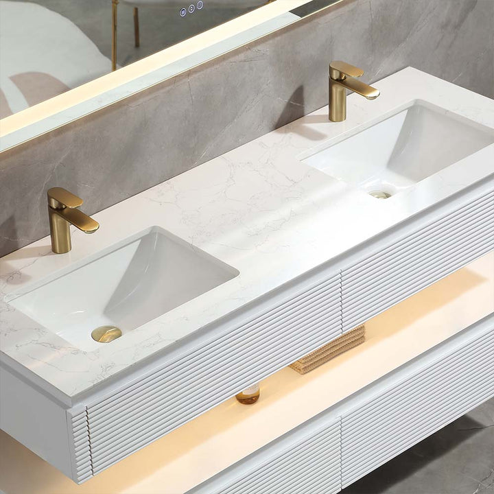 White wall mounted bathroom vanity double sink with marble countertop