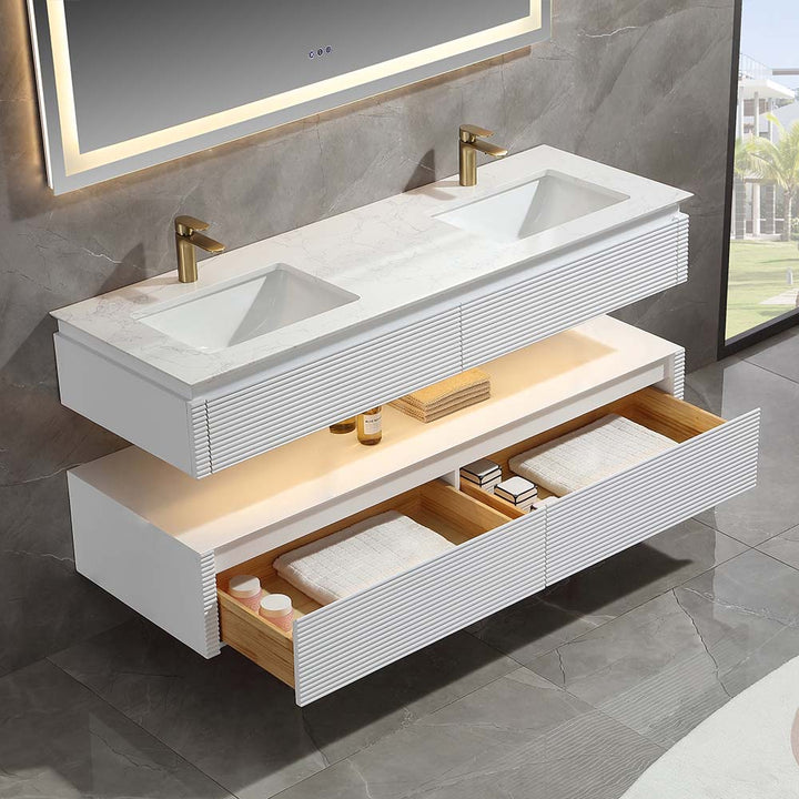 White wall mounted bathroom vanity double sink with open drawers
