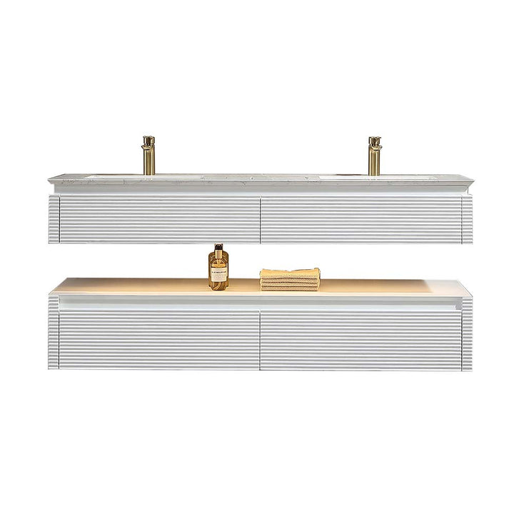 White wall mounted bathroom vanity with double sink and storage