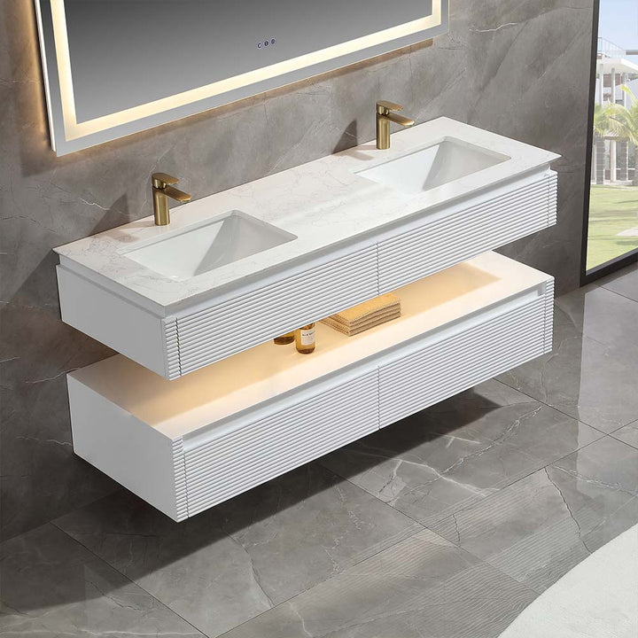 White wall mounted double sink bathroom vanity top view