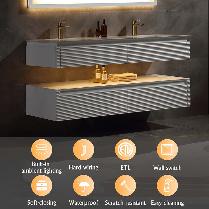 White wall mounted bathroom vanity with ETL waterproof scratch resistant features