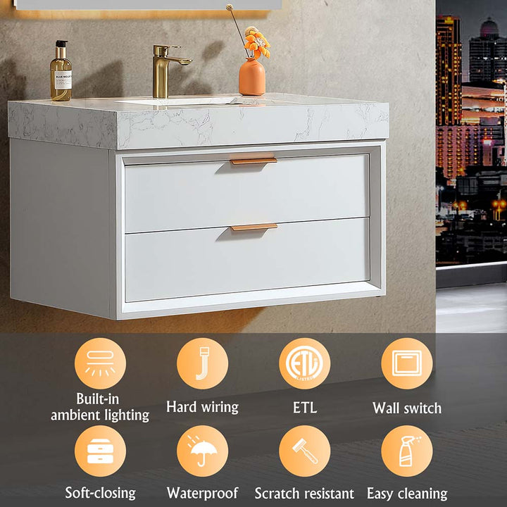 White wall mounted bathroom vanity with lighting waterproof soft closing