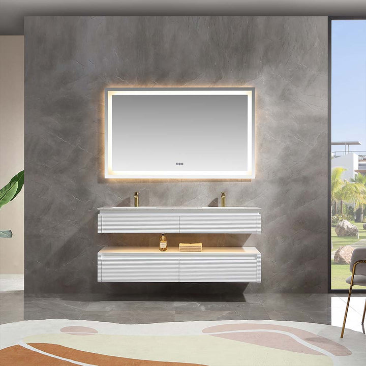 White wall mounted bathroom vanity front view with LED mirror