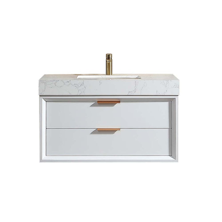 Wall mounted bathroom vanity white finish with marble top and drawers