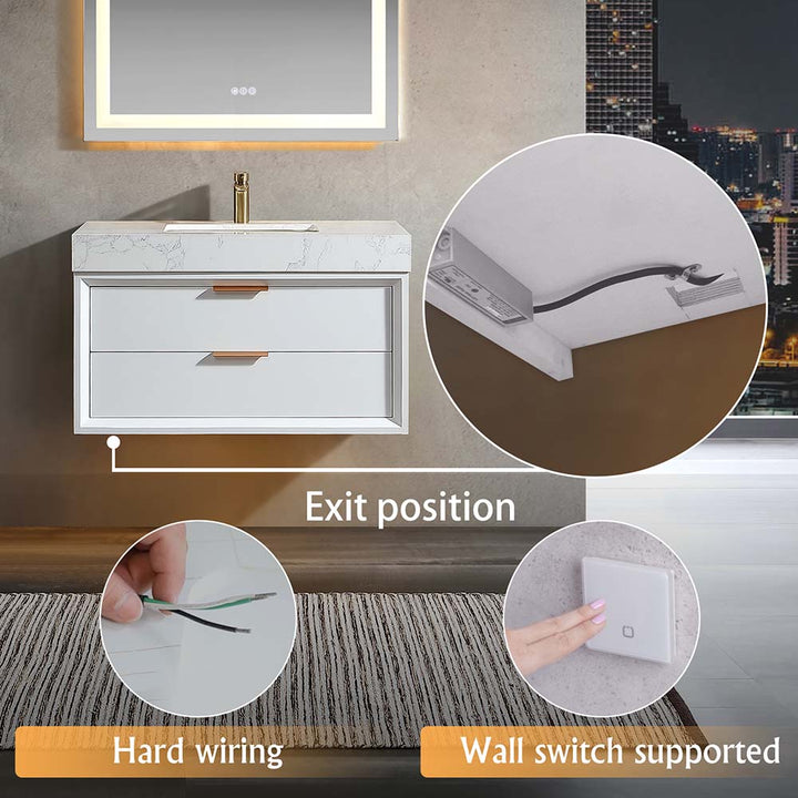 Wall mounted bathroom vanity white with hard wiring and wall switch