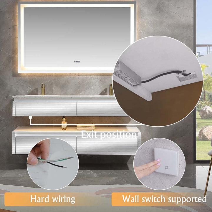 White wall mounted bathroom vanity with hard wiring and wall switch