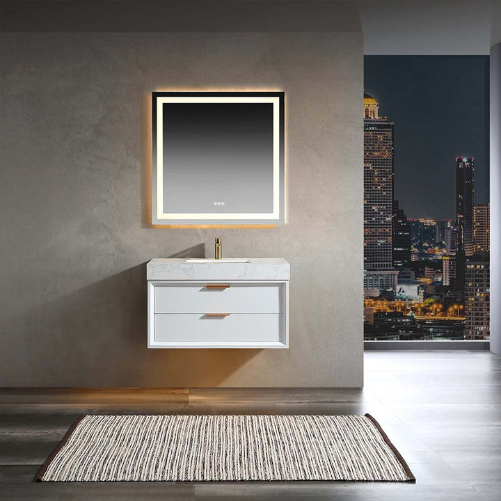 Wall mounted bathroom vanity white in modern bathroom night scene