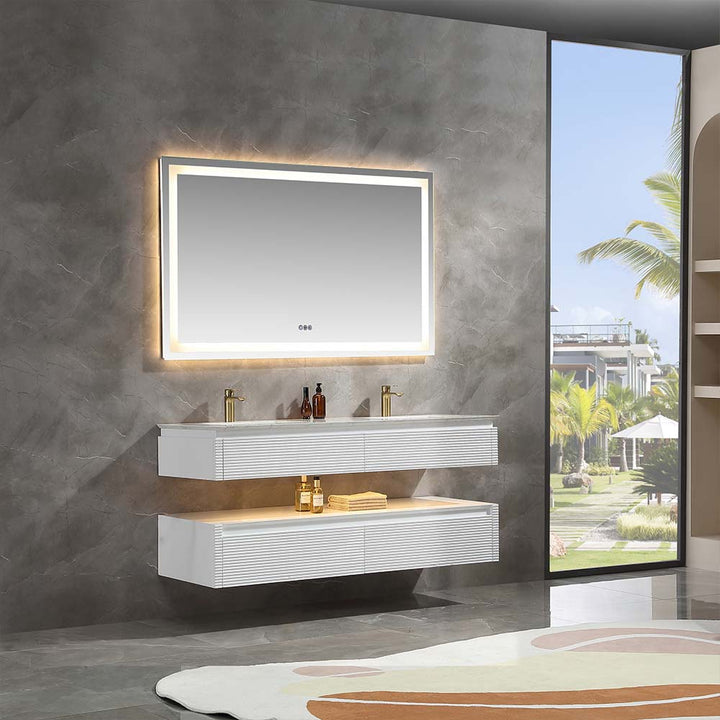 White wall mounted bathroom vanity with large mirror in modern bathroom