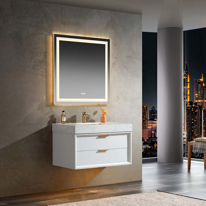 White wall mounted bathroom vanity with LED mirror in modern night view