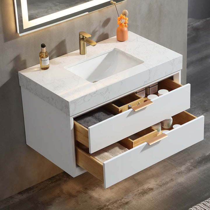 White wall mounted bathroom vanity with open storage drawers