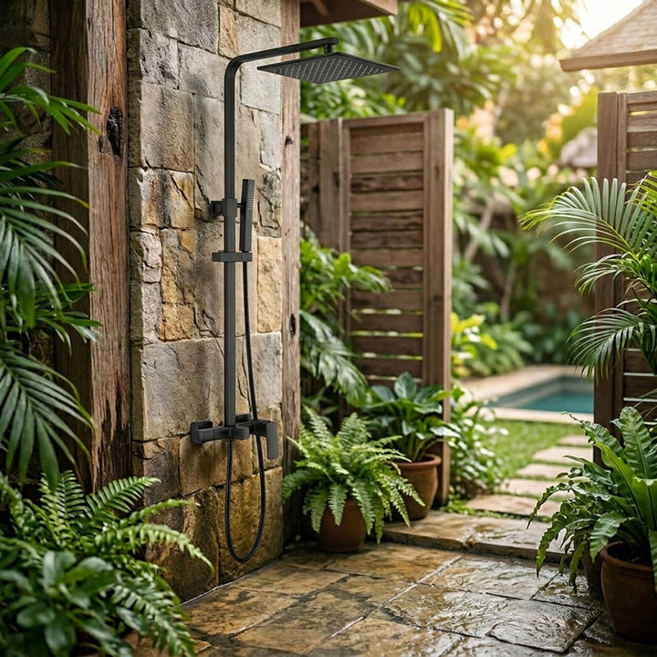 Wall mounted black outdoor shower with handheld