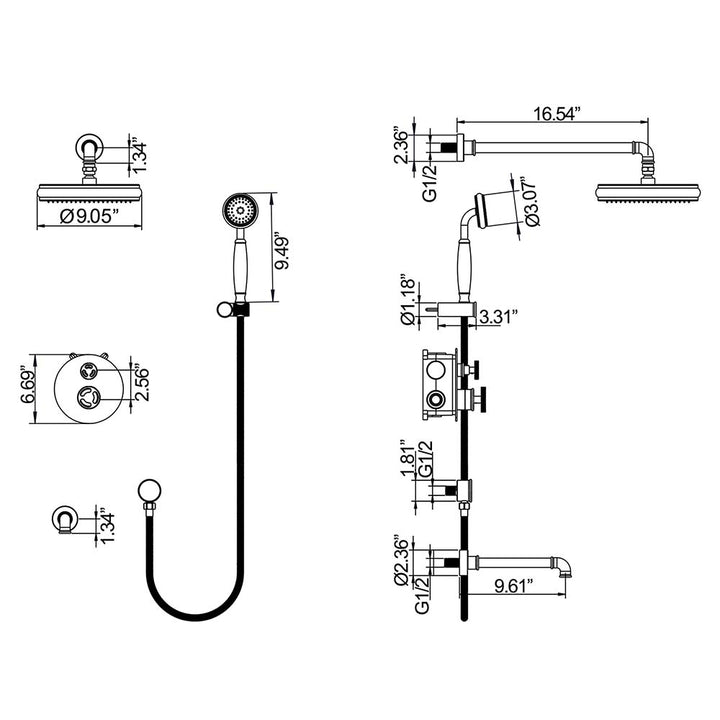 Wall-mounted shower system with tub spout and dimension diagram