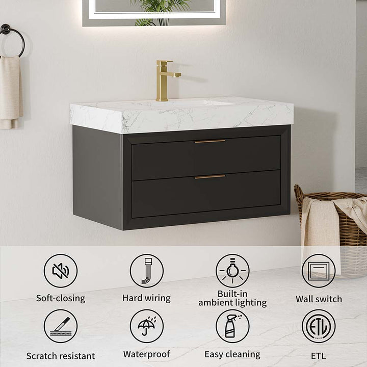 Vanity features soft-close, lighting, ETL, waterproof, easy cleaning