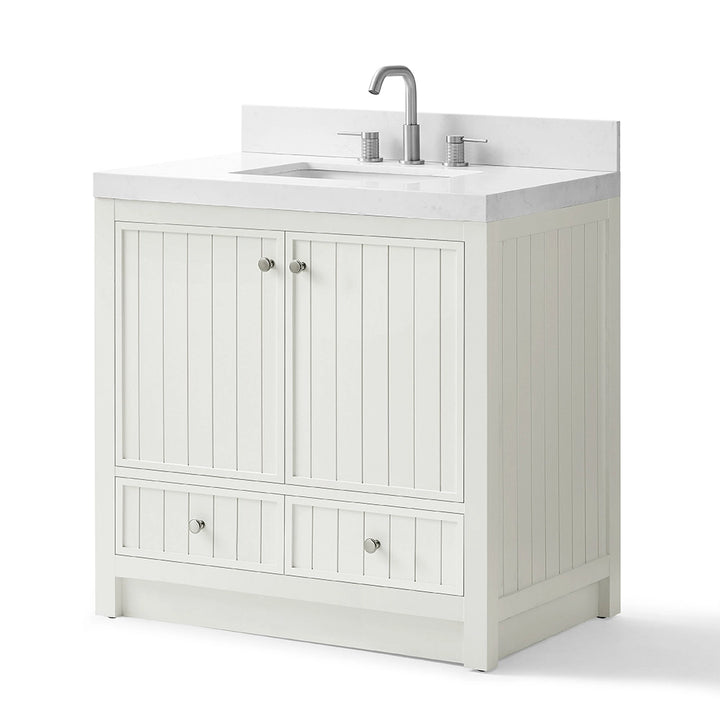 White 36 inch bathroom freestanding vanity angled view