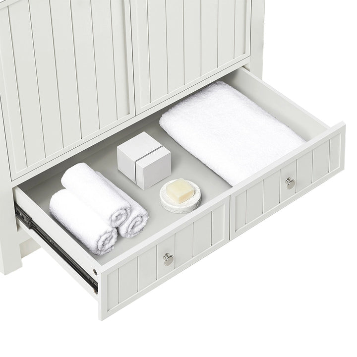 White 36 inch bathroom freestanding vanity drawer storage detail