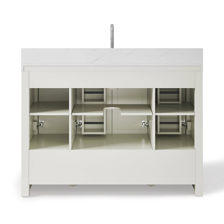 White 48 inch freestanding bathroom vanity back interior storage view