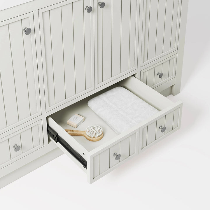 White 48 inch freestanding bathroom vanity drawer with towel storage