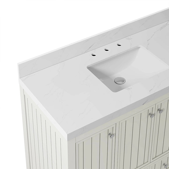 White 48 inch freestanding bathroom vanity with integrated quartz top