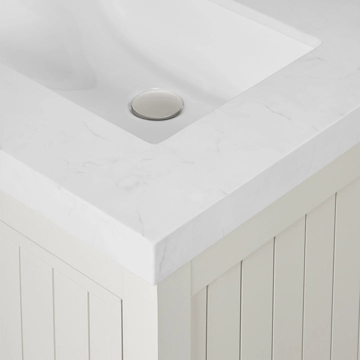 White 48 inch freestanding bathroom vanity sink corner detail