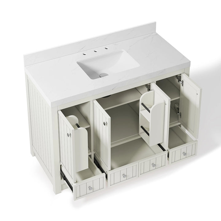 White 48 inch freestanding bathroom vanity with open storage drawers