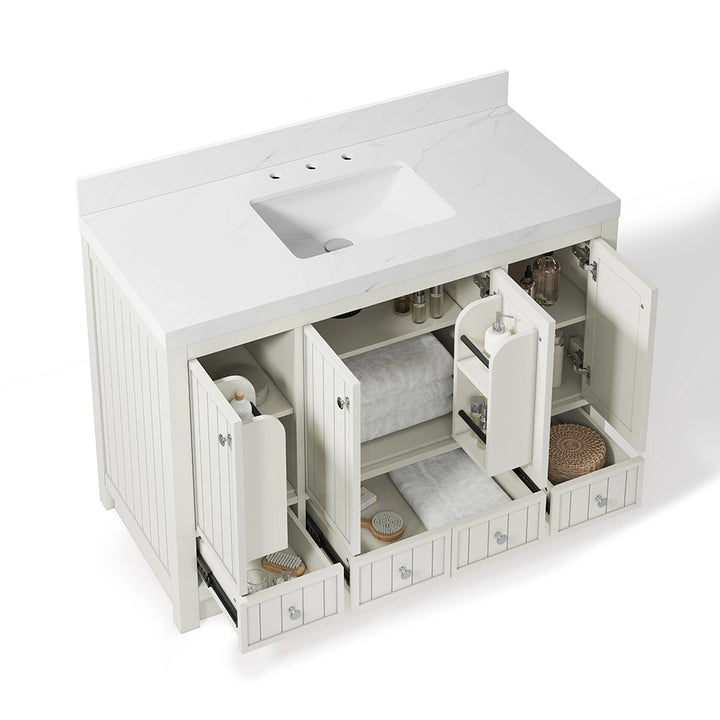 White 48 inch freestanding bathroom vanity with organized storage