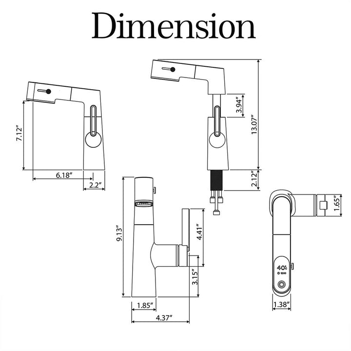 White and gold bathroom faucet dimensions chart with measurements