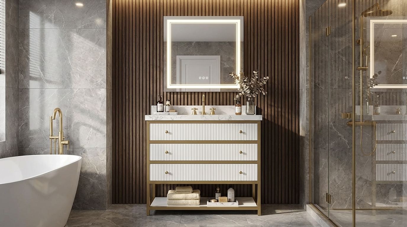 white gold bathroom vanity in front of the wooden wall in modern bathroom