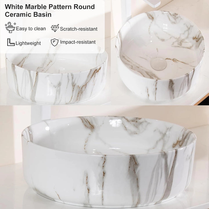 white marble pattern round ceramic basin for maple floating bath vanity