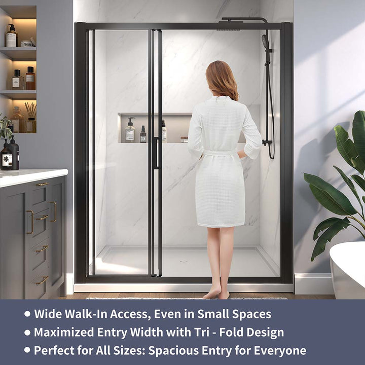 Black tri-fold shower door with wide walk-in access and spacious entry for all sizes.