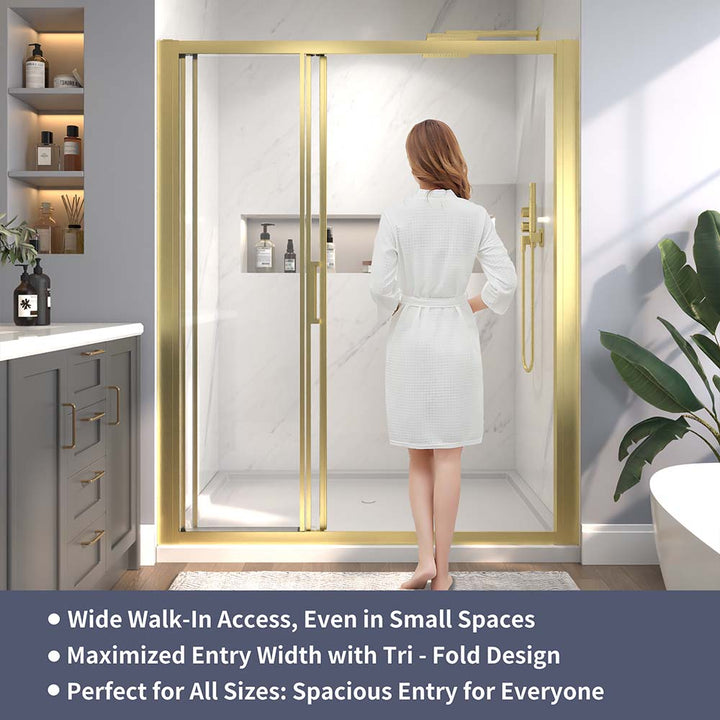 Shower door with wide walk-in access and tri-fold design for spacious entry.