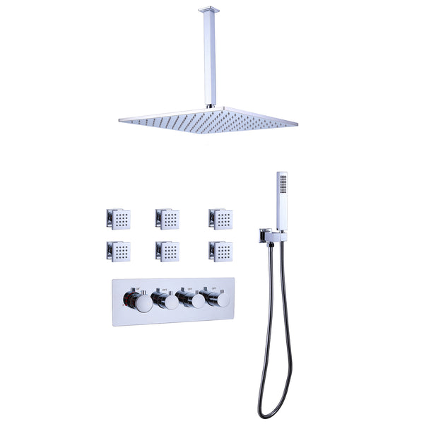Thermostatic Rain Shower System with Hand Shower & Body Jets-Chrome
