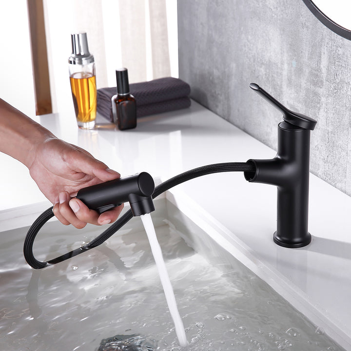 Versatile Matte Black Bathroom Faucet: Single Handle, 3 Functions, Pull Out Sprayer - Modland