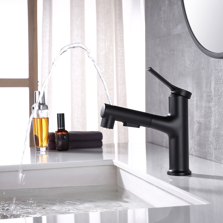 Versatile Matte Black Bathroom Faucet: Single Handle, 3 Functions, Pull Out Sprayer - Modland
